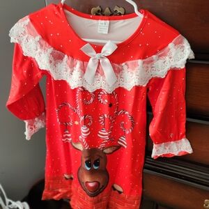 Festive Red Dress with Reindeer and Candy Cane Design